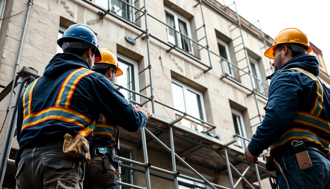 Chantier de réhabilitation d'un bâtiment collectif avec artisans BTP au travail