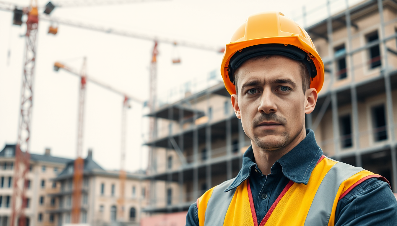 Artisan BTP devant un chantier municipal en France avec des engins de construction