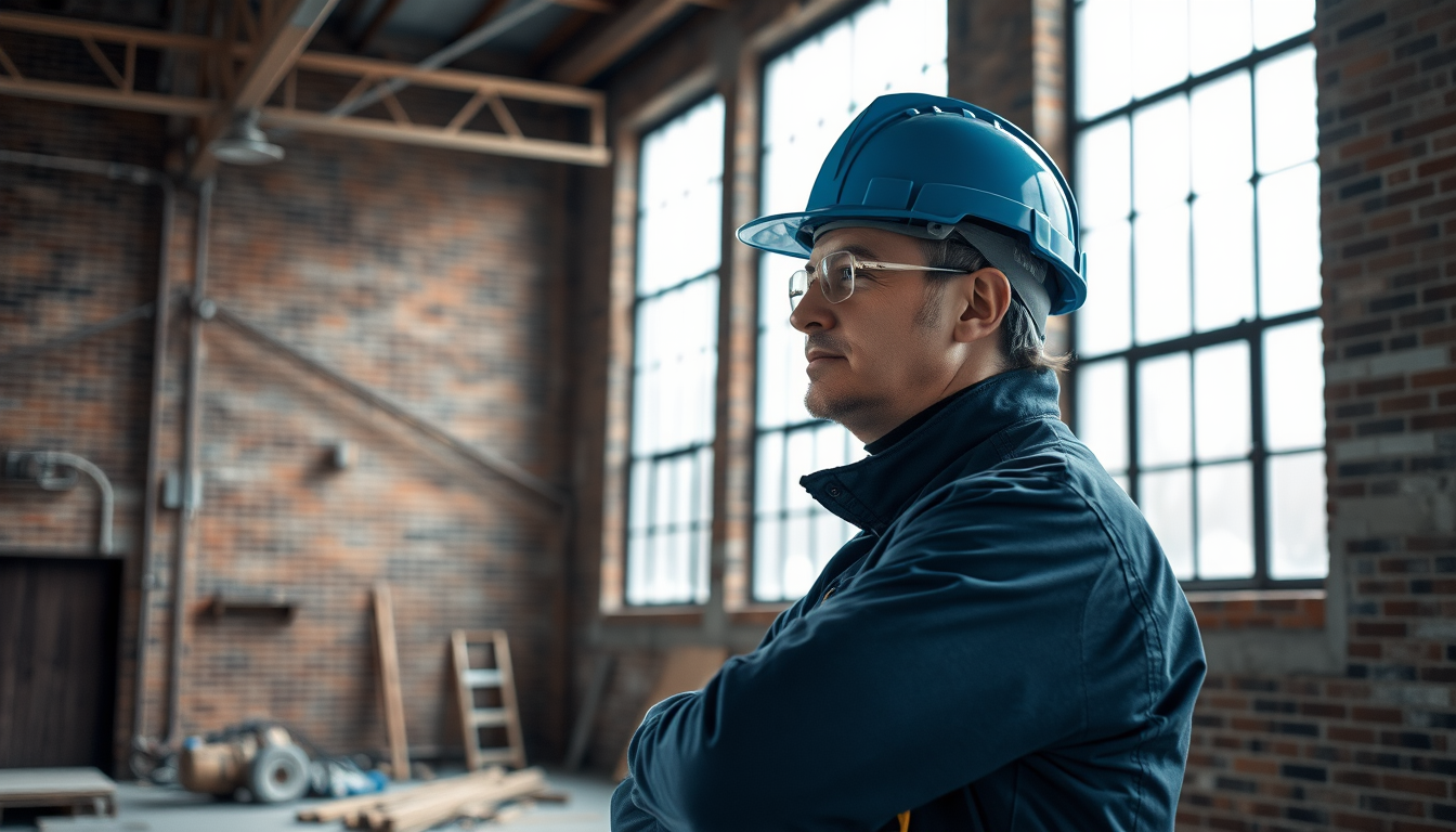 Artisan BTP inspectant un bâtiment industriel en cours de reconversion