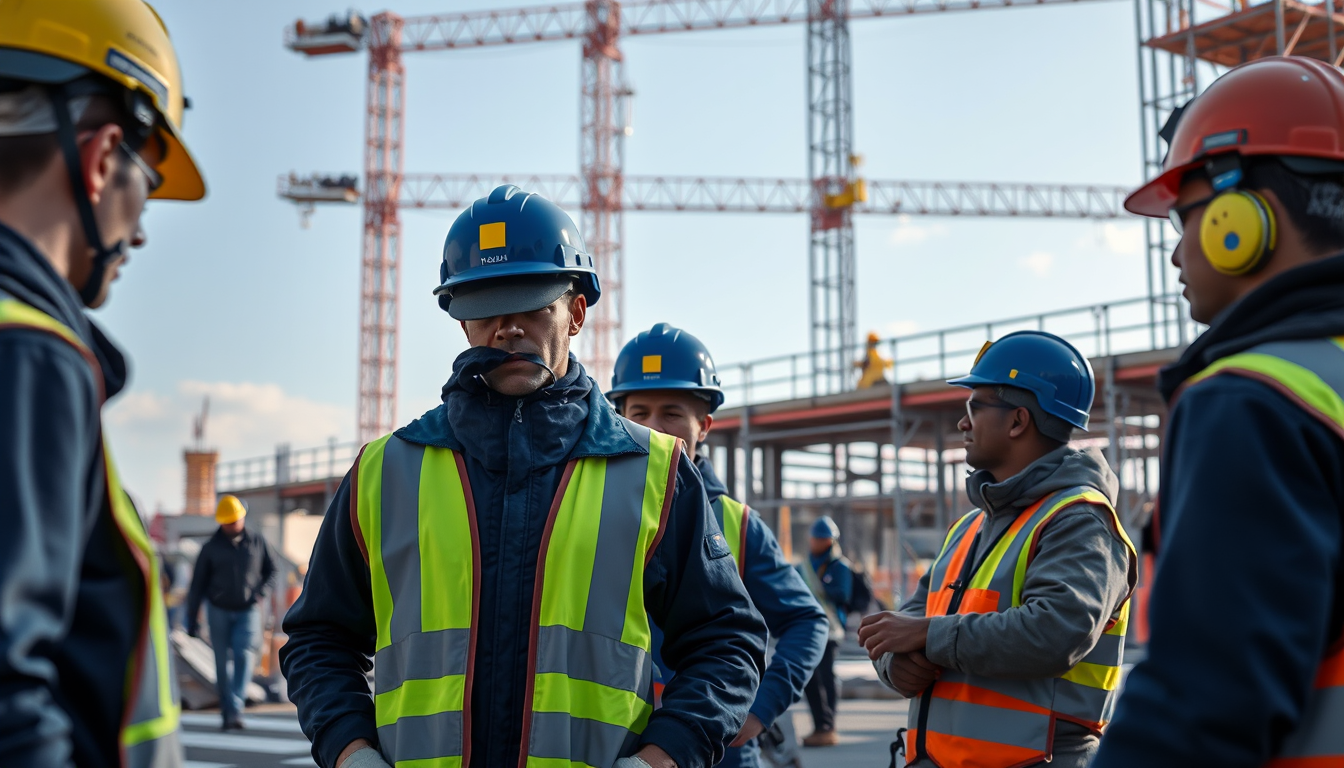 Artisans BTP sur un grand chantier public de construction en France