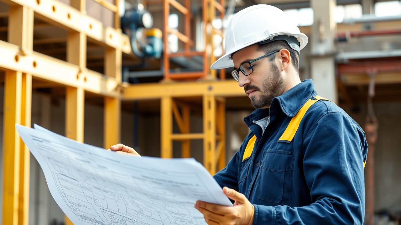 Artisan électricien BTP consultant un plan de chantier de réhabilitation