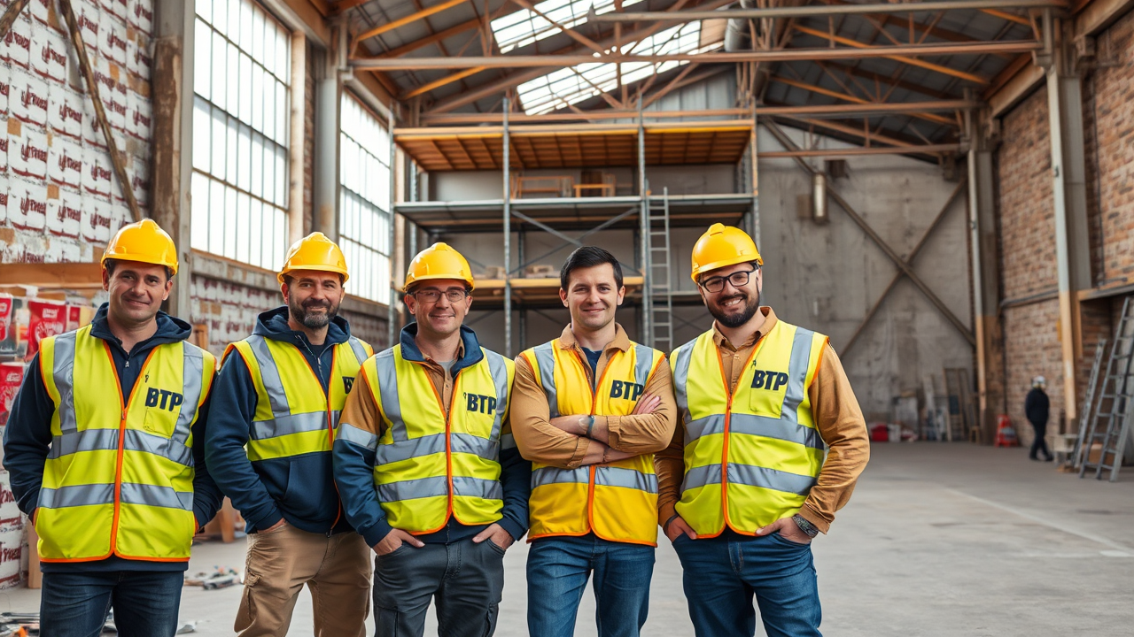 Équipe d'artisans travaillant sur un chantier de réhabilitation d'un entrepôt