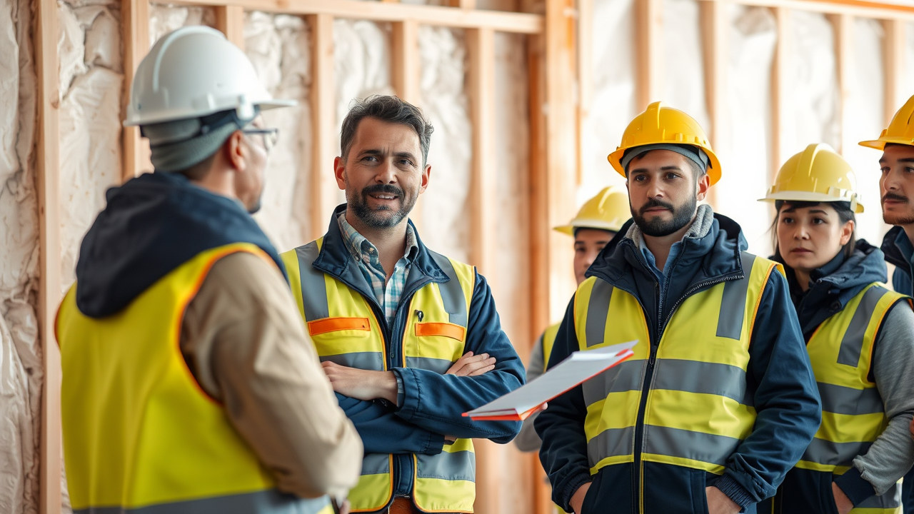 Chef de chantier BTP coordonnant une équipe d'artisans sur un chantier de rénovation énergétique