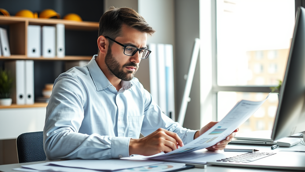 Comptable spécialisé BTP analysant la rentabilité d'un chantier de réhabilitation