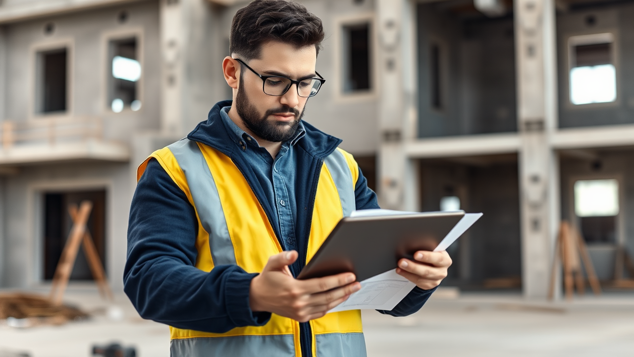 Artisan BTP consultant sa tablette pour gérer un chantier de reconversion