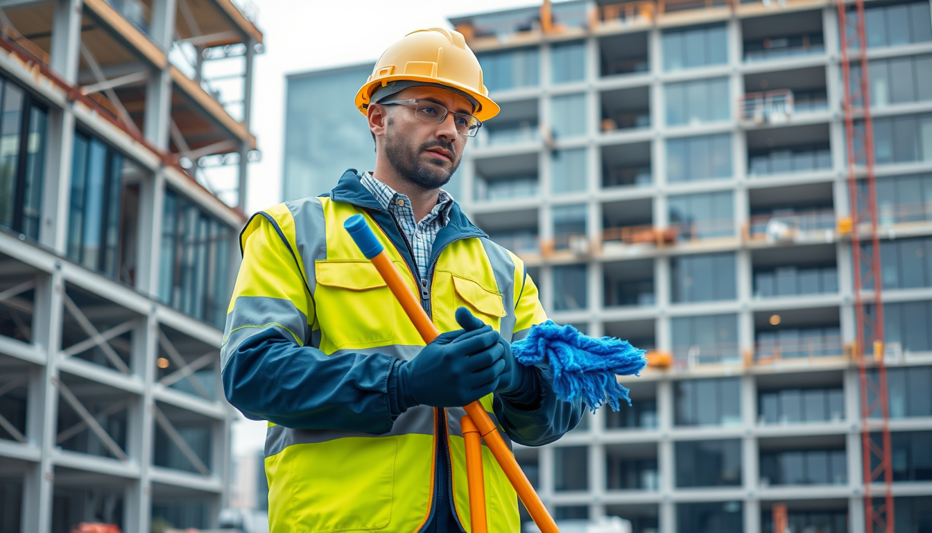 Agent de nettoyage chantier professionnel en tenue de travail sur un chantier BTP