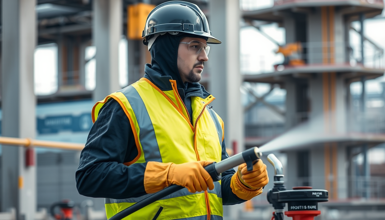 Agent de nettoyage chantier en tenue de protection sur un site de construction en France