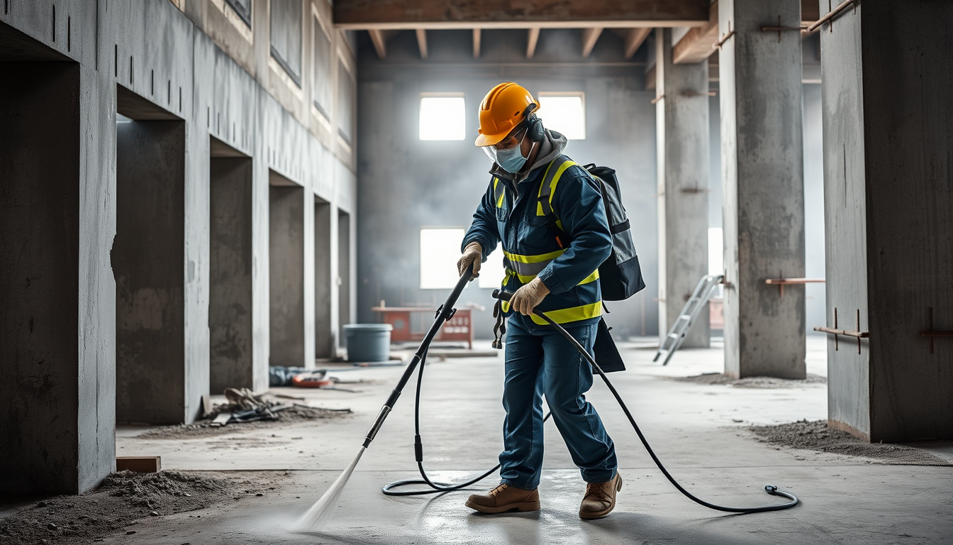 Agent de nettoyage chantier équipé sur un chantier de construction en France