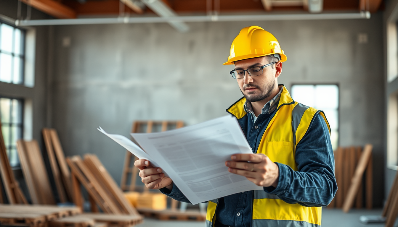 Artisan en rénovation énergétique devant sa SAS, documents de création d'entreprise