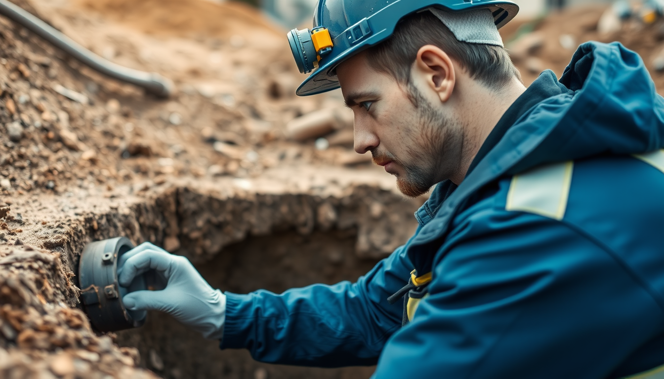 Canalisateur professionnel sur chantier de pose de canalisations en France