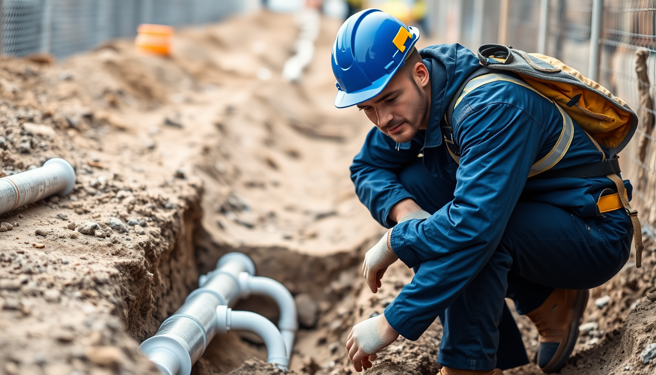 Canalisateur professionnel en tenue de travail sur un chantier de pose de canalisations