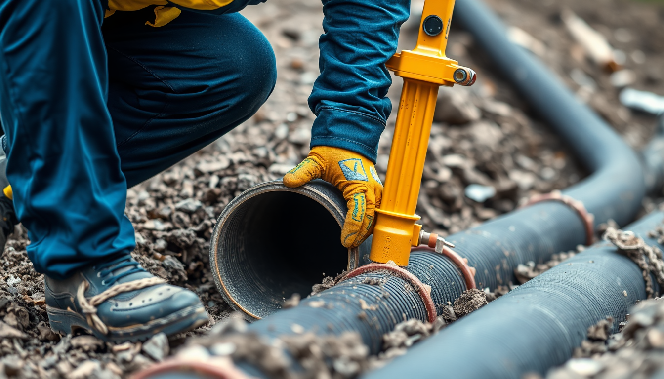 Canalisateur professionnel travaillant sur un chantier de réseau d'assainissement en France