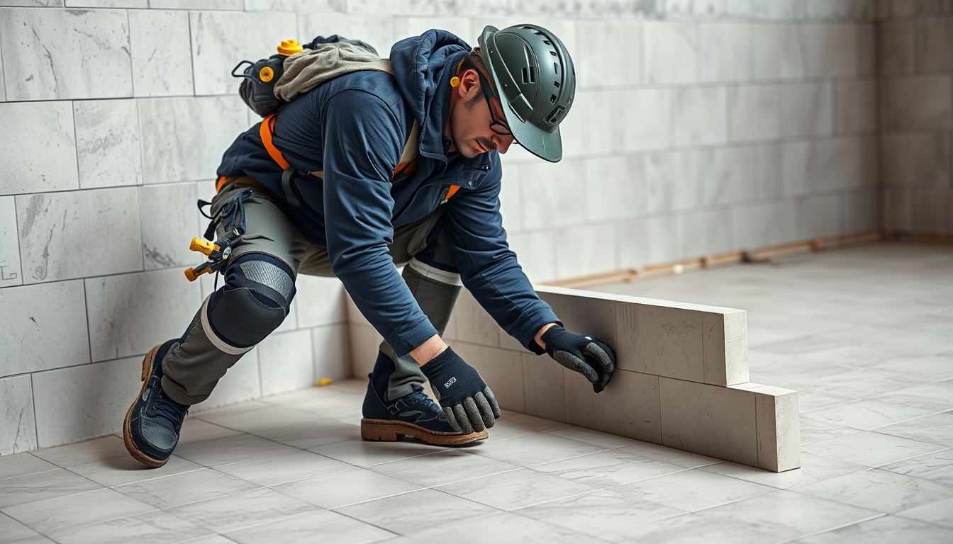 Carreleur indépendant posant du carrelage sur un chantier en France