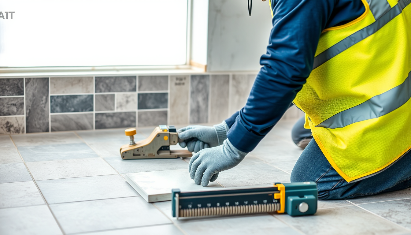 Carreleur professionnel posant du carrelage sur un chantier BTP