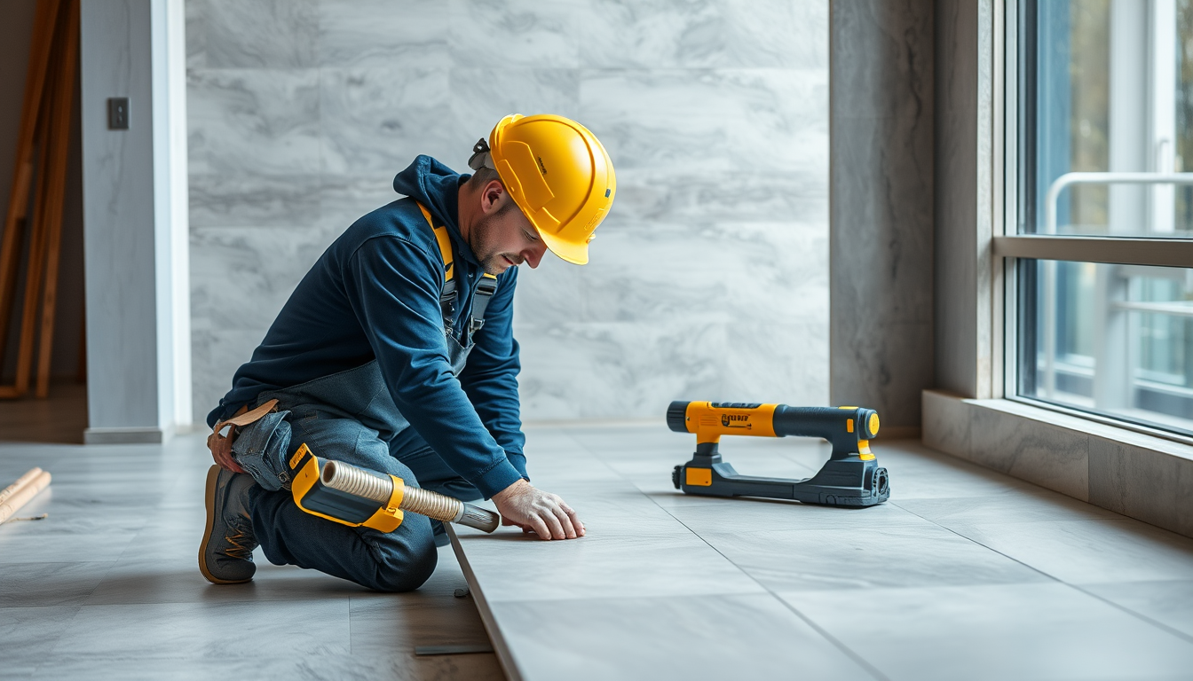 Carreleur professionnel posant du carrelage dans un chantier neuf