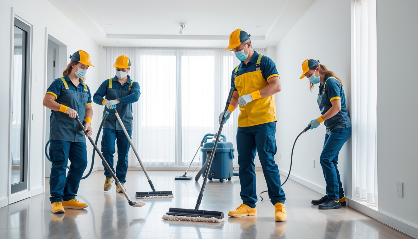 Équipe d'agents de nettoyage réalisant un nettoyage fin de chantier dans un appartement neuf