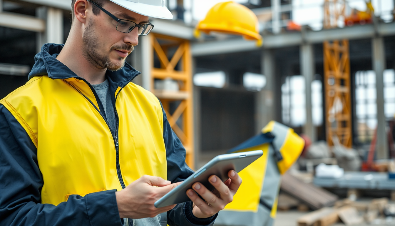 Professionnel du nettoyage chantier consultant une tablette numérique pour trouver des missions