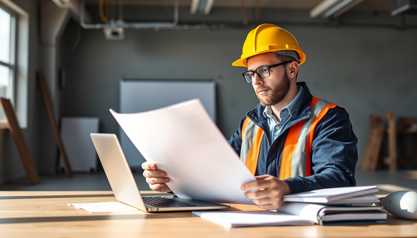 Artisan indépendant BTP consultant des documents administratifs sur chantier