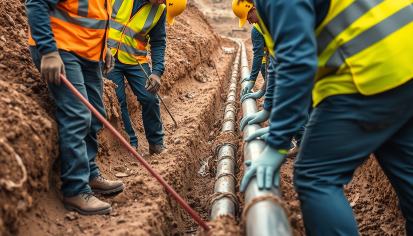 Équipe de canalisateurs travaillant dans une tranchée
