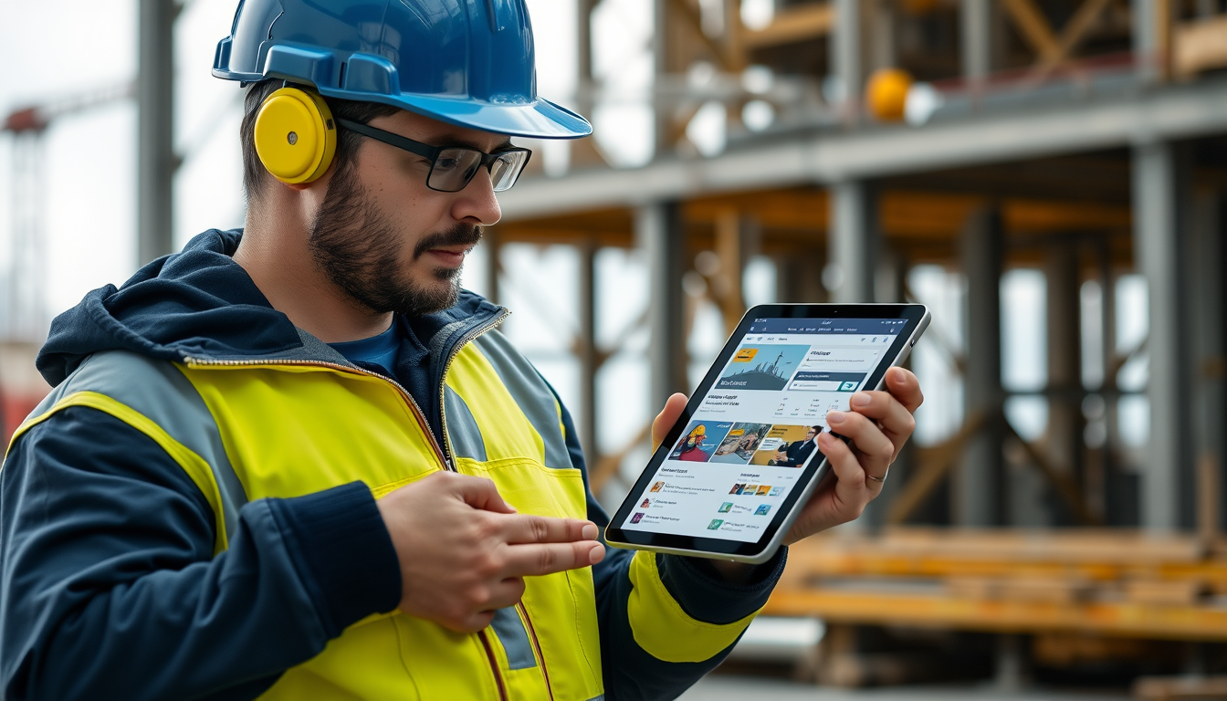 Artisan canalisateur consultant une plateforme numérique sur tablette pour trouver des chantiers