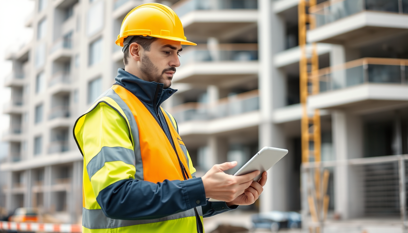 Agent de nettoyage chantier consultant une tablette numérique pour planifier ses interventions BTP