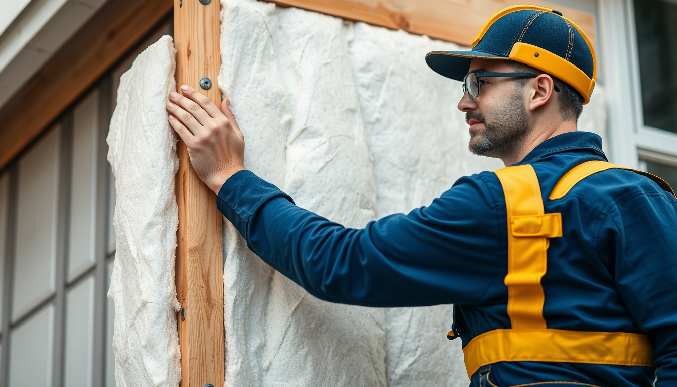 Artisan posant des panneaux isolants sur un chantier de rénovation énergétique