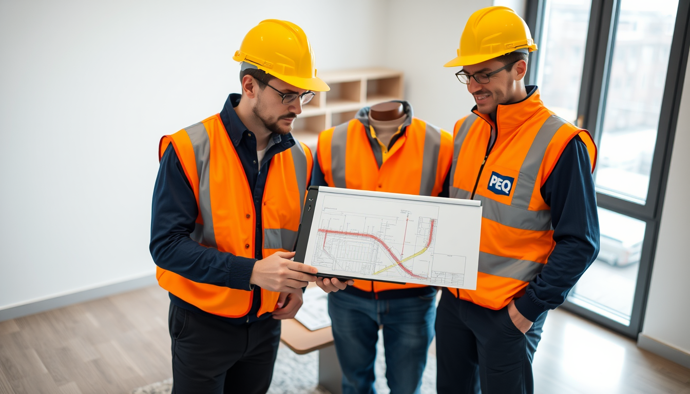 Réunion d'associés d'une SAS de canalisateur avec tablette et plans de chantier