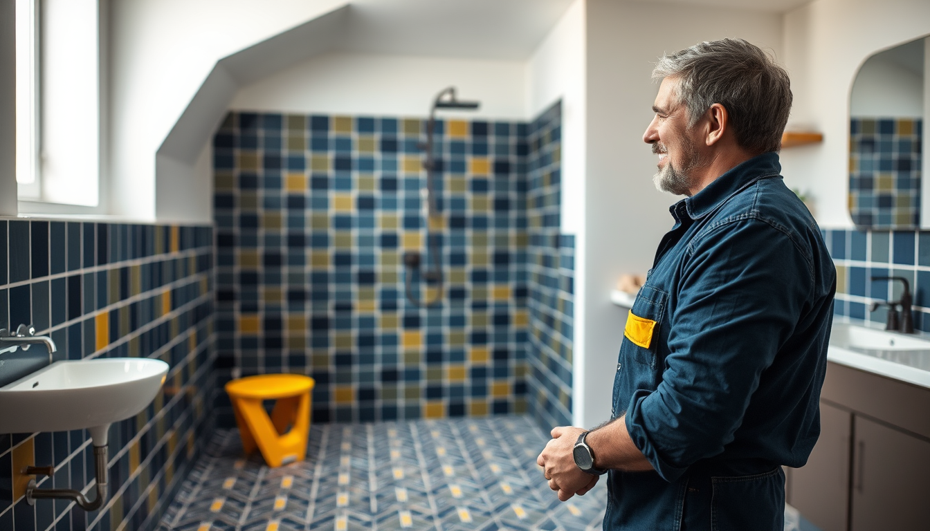 Carreleur professionnel présentant des travaux de carrelage terminés à un client